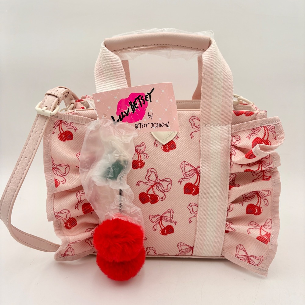 Luv Betsey by Betsey Johnson LBRUFFLE Pink Cherry Print Ruffle Mini Tote Bag New